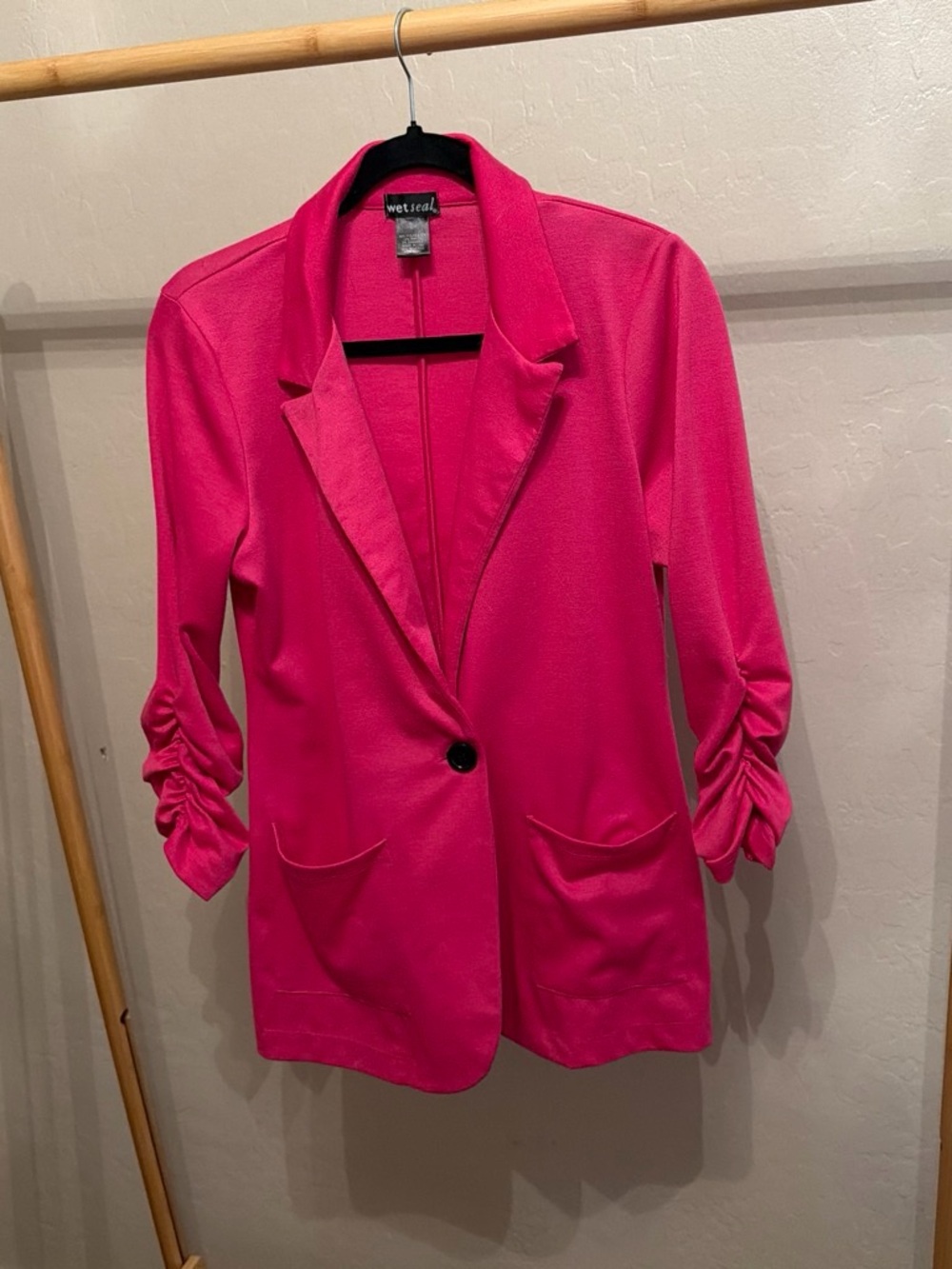 Wet Seal Hot Pink Single-Button Blazer with Ruched Sleeves